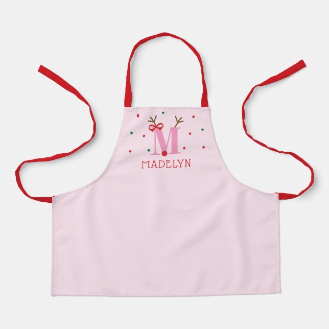 Girls Personalized Reindeer Initial M  Apron (Front)