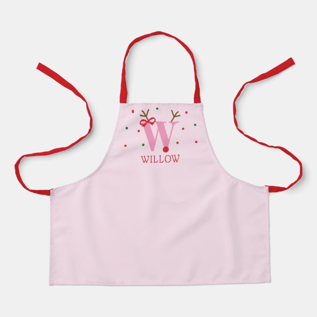 Girls Personalized Reindeer Initial W  Apron (Front)