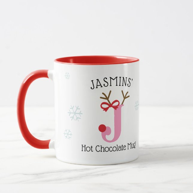 Girls Personalized Reindeer J Hot Chocolate Mug (Left)