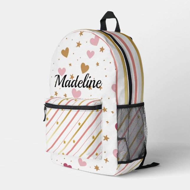 Girls Personalized Rose Gold Heart Stripe Printed Backpack (Back Corner Right)
