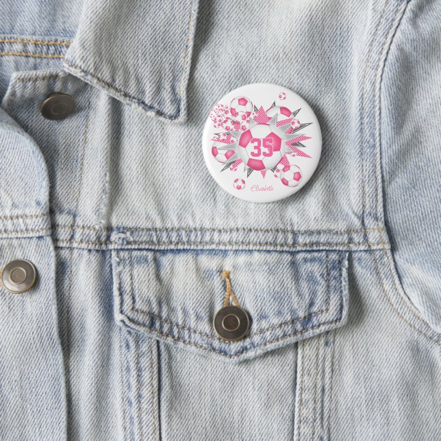 girls personalized soccer ball blowout pink 2 inch round button (In Situ)