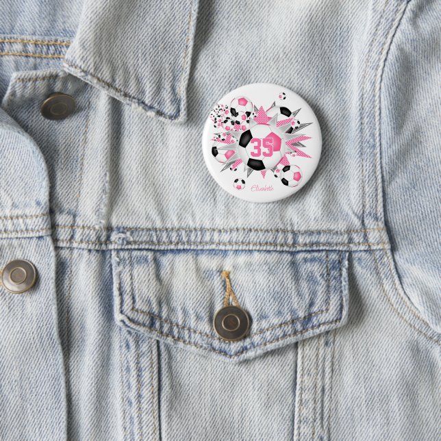 girls personalized soccer ball blowout pink black  2 inch round button (In Situ)