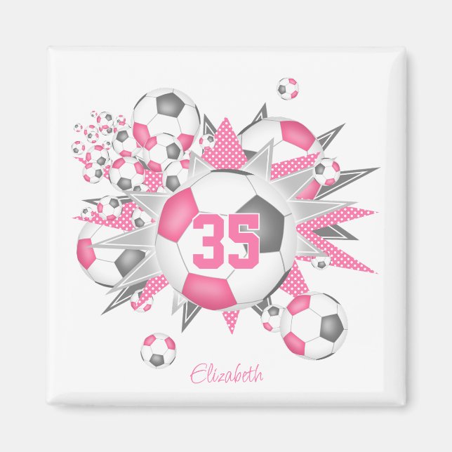 girls personalized soccer ball blowout pink grey  magnet (Front)
