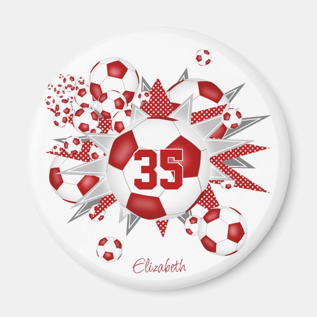 girls personalized soccer ball blowout red magnet (Front)