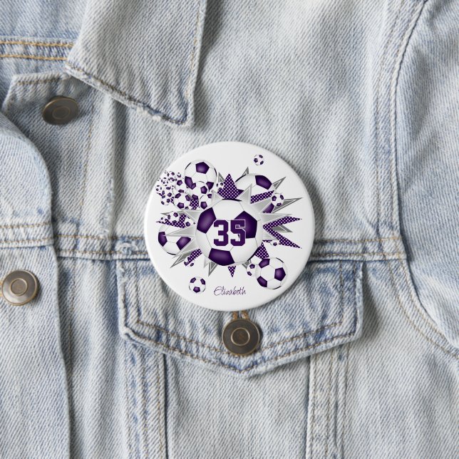girls personalized soccer balls stars purple 3 inch round button (In Situ)