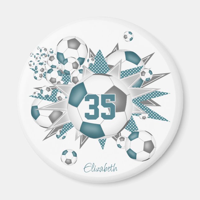 girls personalized soccer balls stars teal grey magnet (Front)