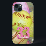 Girl's personalized softball iPhone 13 case<br><div class="desc">Women's softball iPhone case with pink and bright yellow softballs and customizable jersey number and name by katz_d_zynes ::: also available for other iPhone models as well as iPad and Samsung devices ... for other devices, select your device type from the “Style Options” section on this page … for customization...</div>