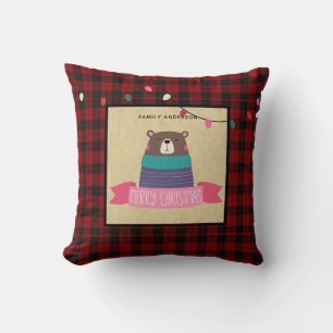 Girls Personalized Xmas Brown Bear Buffalo Plaid Throw Pillow