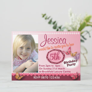 Girls Photo 5th Birthday Party Invite Cute