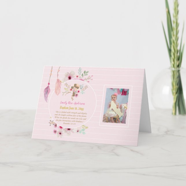 Girls PHOTO Baptism Christening Gift Proverb 31:25 Card (Front)