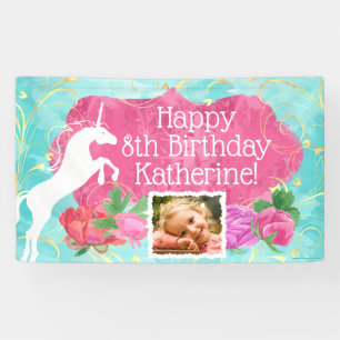 Girls Photo Flower Unicorn Birthday Party Banner