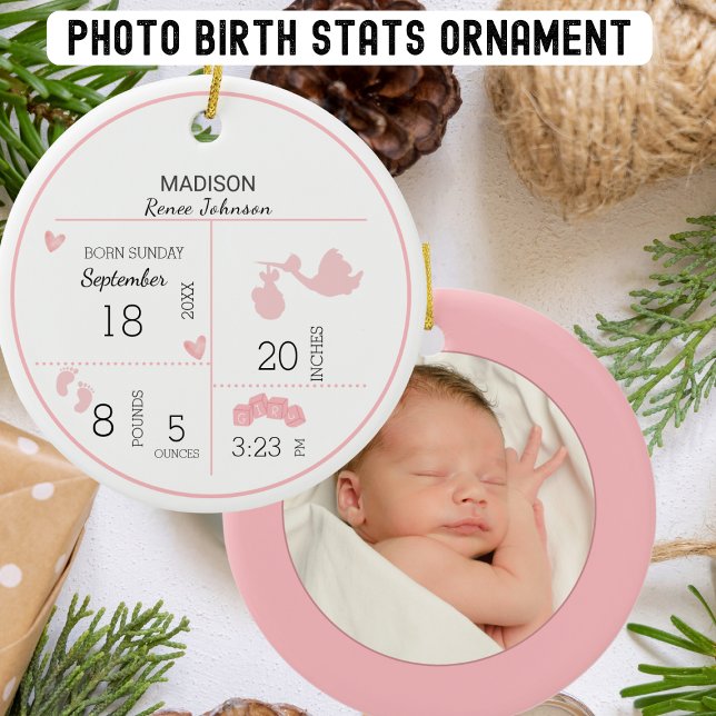 Girls Photo Personalized Birth Announcement Ceramic Ornament (Creator Uploaded)