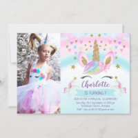 Girls Photo Pink Bow Unicorn Birthday Invitation