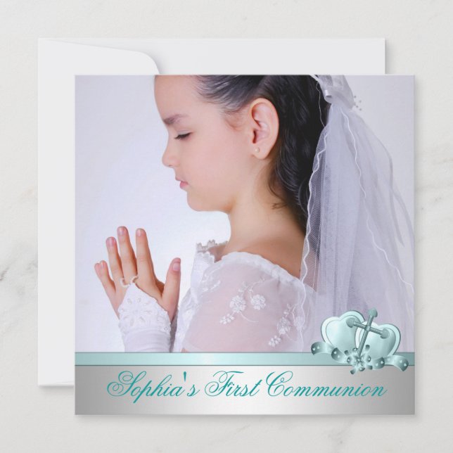 Girls Photo Teal Blue First Communion Invitation (Front)
