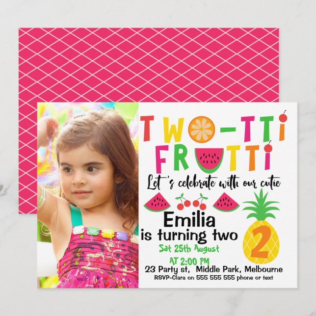 Girls Photo Two-tti Fruitt 2nd Birthday Invitation (Front/Back)