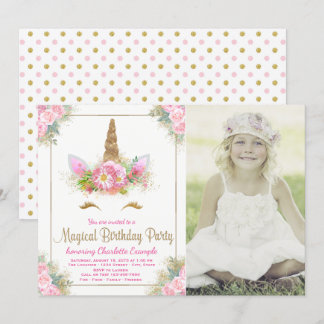 Girls Photo Unicorn Birthday Party Invitations