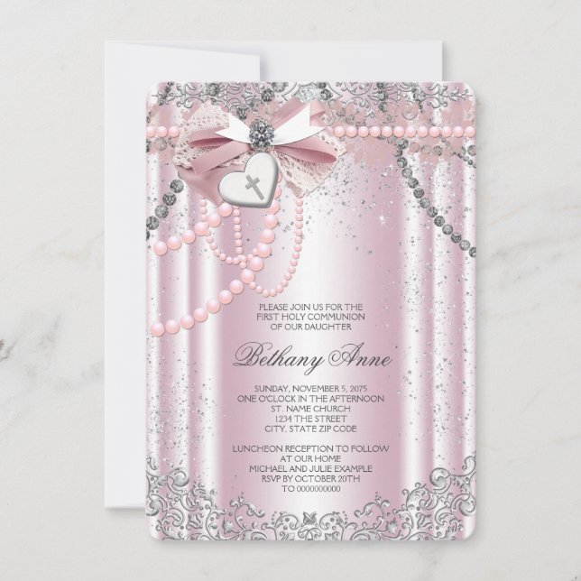 Girls Pink and Grey Pearl First Communion Invitation (Front)