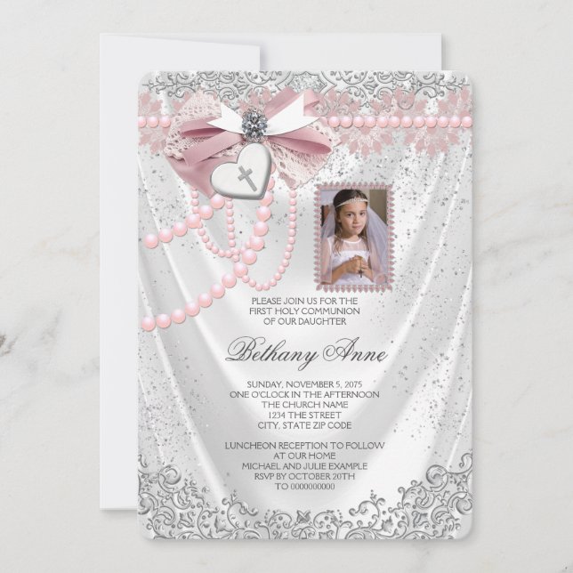 Girls Pink and White Satin Photo First Communion Invitation (Front)