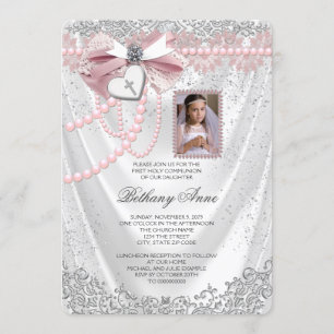 Girls Pink and White Satin Photo First Communion Invitation