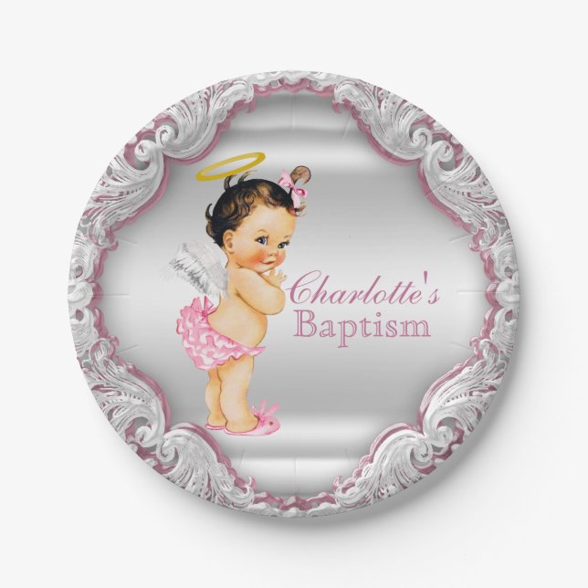 Girls Pink Angel Baptism Paper Plate (Front)