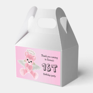 Girl's Pink Angel Teddy Bear 1st Birthday Party Favor Box