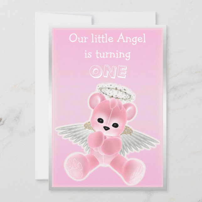 Girl's Pink Angel Teddy Bear First Birthday Party Invitation (Front)