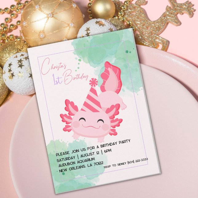 Girls Pink Axolotl 1st Birthday Party Invitation (Creator Uploaded)