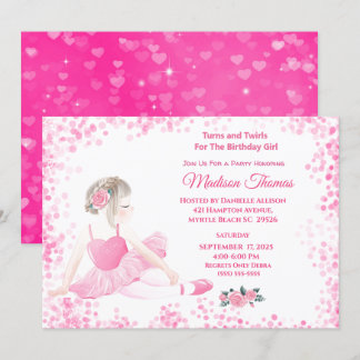 Girls Pink Ballerina Sparkle Hearts Birthday Party Invitation