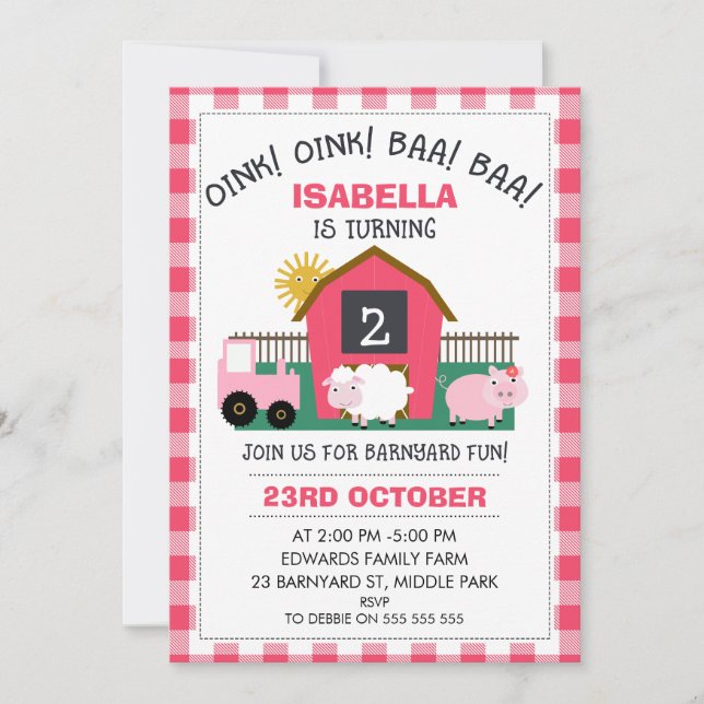 Girls Pink Barnyard Birthday Invitation (Front)