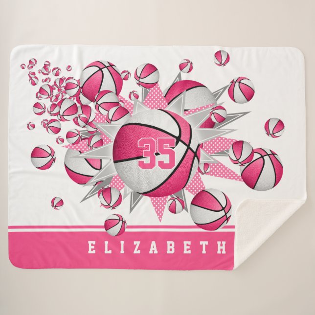 girls pink basketballs stars personalized sherpa blanket (Front (Horizontal))