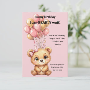 Girl's Pink Bear Party Digital Download Invitation