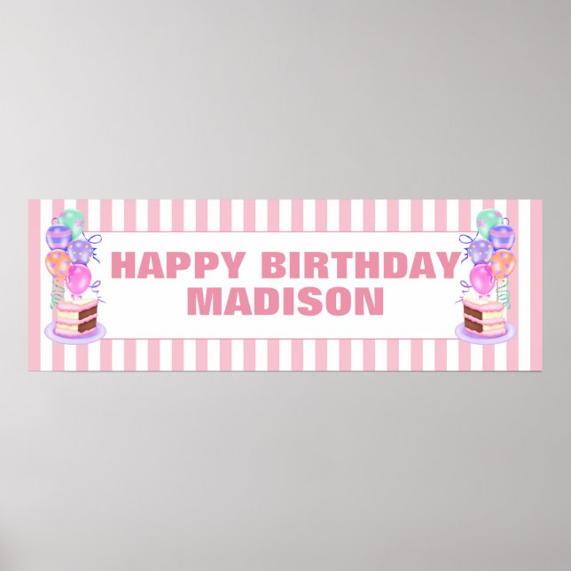 Girls Pink Birthday Cake and Balloon Personalized Poster (Front)