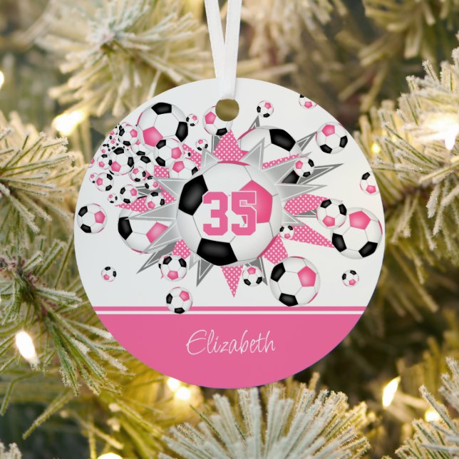 Girls pink black personalized soccer balls stars metal ornament (Insitu)