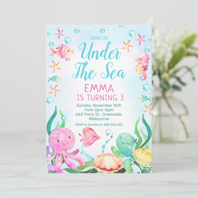Girls Pink Blue Under The Sea Birthday Invitation (Standing Front)