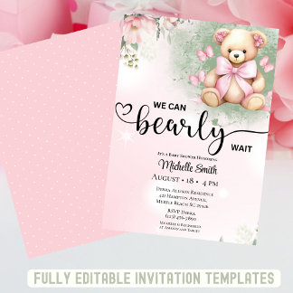 Girls Pink Blush Floral Teddy Bear Baby Shower  Invitation