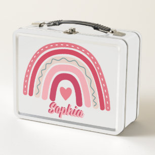 Girls Pink Boho Personalized Rainbow Kids School Metal Lunch Box