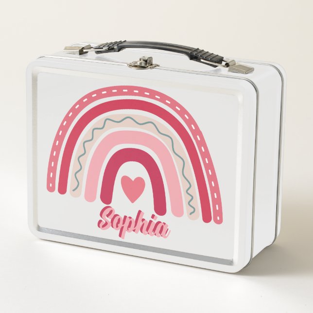 Girls Pink Boho Personalized Rainbow Kids School Metal Lunch Box (Front)