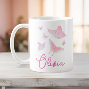 Girls Pink Butterfly Personalised Mug