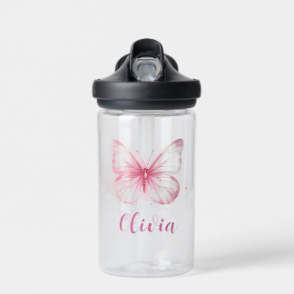 Girls Pink Butterfly Personalized Water Bottle