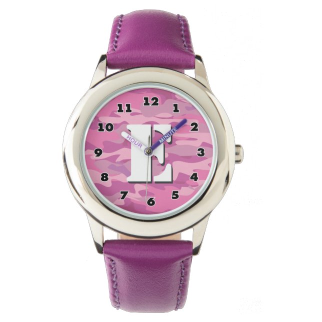 Girls pink camo watch with personalized monogram (Front)