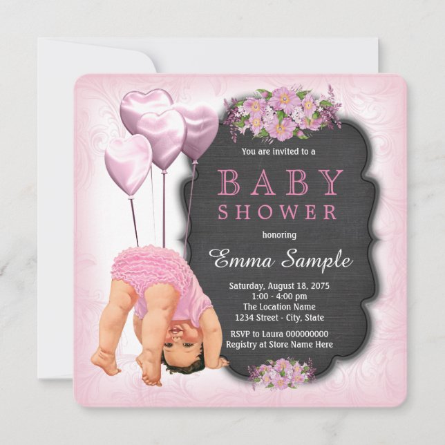 Girls Pink Chalkboard Bottoms Up Baby Shower Invitation (Front)