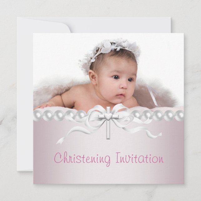 Girls Pink Cross Photo Christening Invitation (Front)