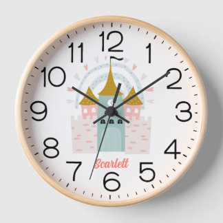 Girls Pink Cute Princess Castle Personalized Name Clock