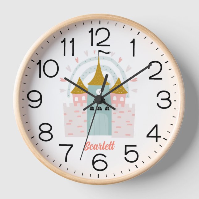 Girls Pink Cute Princess Castle Personalized Name Clock (Front)