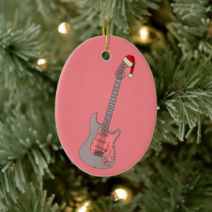 Girls Pink Electric Guitar Christmas Ceramic Ornament