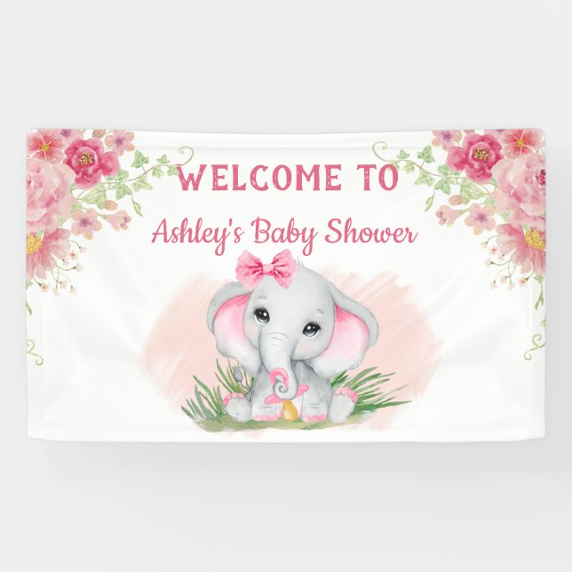  Girls Pink Elephant Floral Custom Baby Shower   Banner (Horizontal)