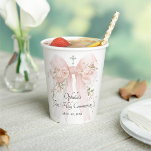 Girl's Pink First Communion Floral Bow Paper Cups