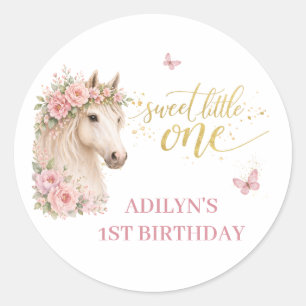 Girls Pink Floral Horse 1st Birthday Classic Round Sticker