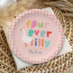 Girls Pink Four Ever Silly Farm Goose 4th Birthday Paper Plate<br><div class="desc">Cute “Four Ever Silly” 4th birthday paper plates featuring an adorable goose holding a balloon and playful party design. Personalize with your child’s name and age - perfect for a silly goose or farm-themed 4th birthday celebration.</div>