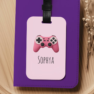 Girls Pink Gaming Video Game Controller Kids Luggage Tag
